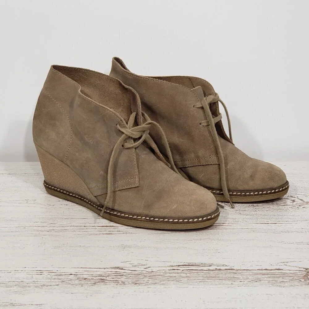 J Crew Tan Suede Wedge Booties  Size 9 good pre-owned condition